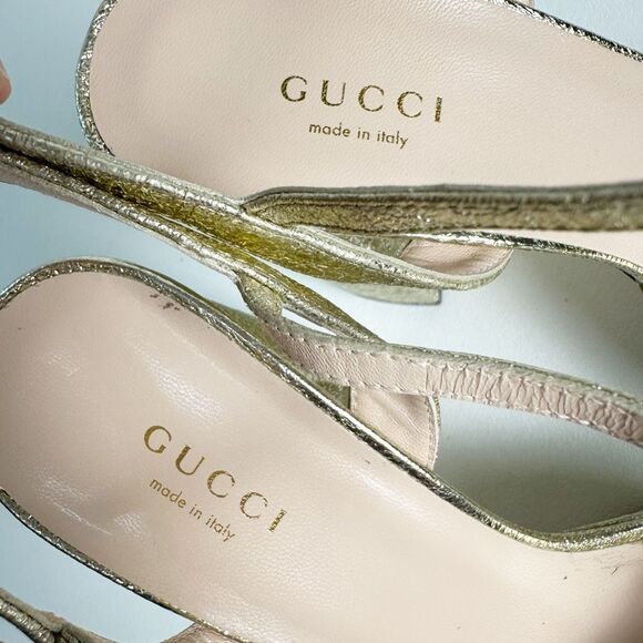 GUCCI Marmont Gold Platform Heel Sandals 39.5 Metallic Leather Block Ankle Strap - Picture 9 of 12